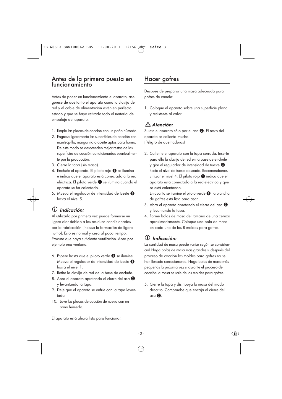 Antes de la primera puesta en funcionamiento, Hacer gofres | Silvercrest SZW 1000 A2 User Manual | Page 5 / 32