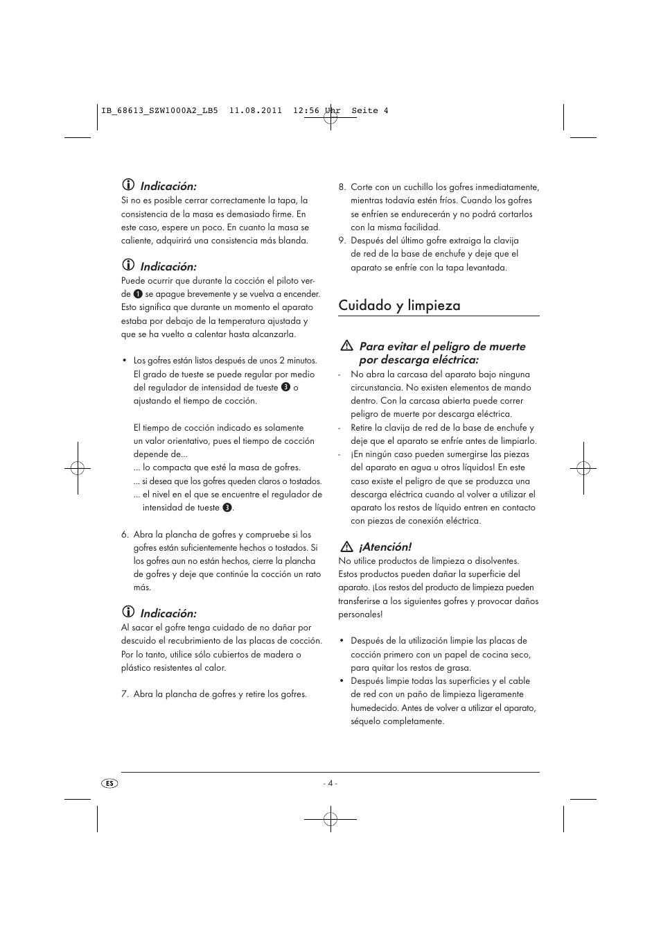 Cuidado y limpieza, Indicación, Atención | Silvercrest SZW 1000 A2 User Manual | Page 6 / 32