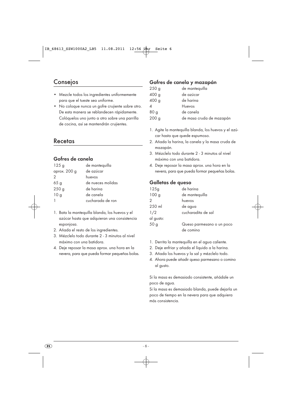 Consejos, Recetas, Gofres de canela | Gofres de canela y mazapán, Galletas de queso | Silvercrest SZW 1000 A2 User Manual | Page 8 / 32