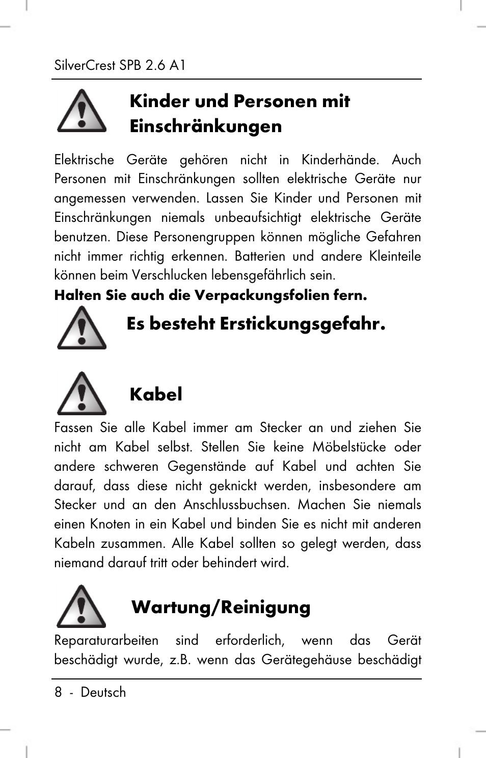 Kinder und personen mit einschränkungen, Es besteht erstickungsgefahr, Kabel | Wartung/reinigung | Silvercrest SPB 2.6 A1 User Manual | Page 10 / 64