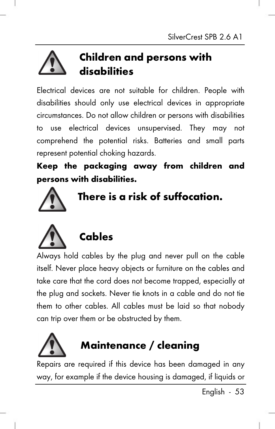 Children and persons with disabilities, There is a risk of suffocation, Cables | Maintenance / cleaning | Silvercrest SPB 2.6 A1 User Manual | Page 55 / 64