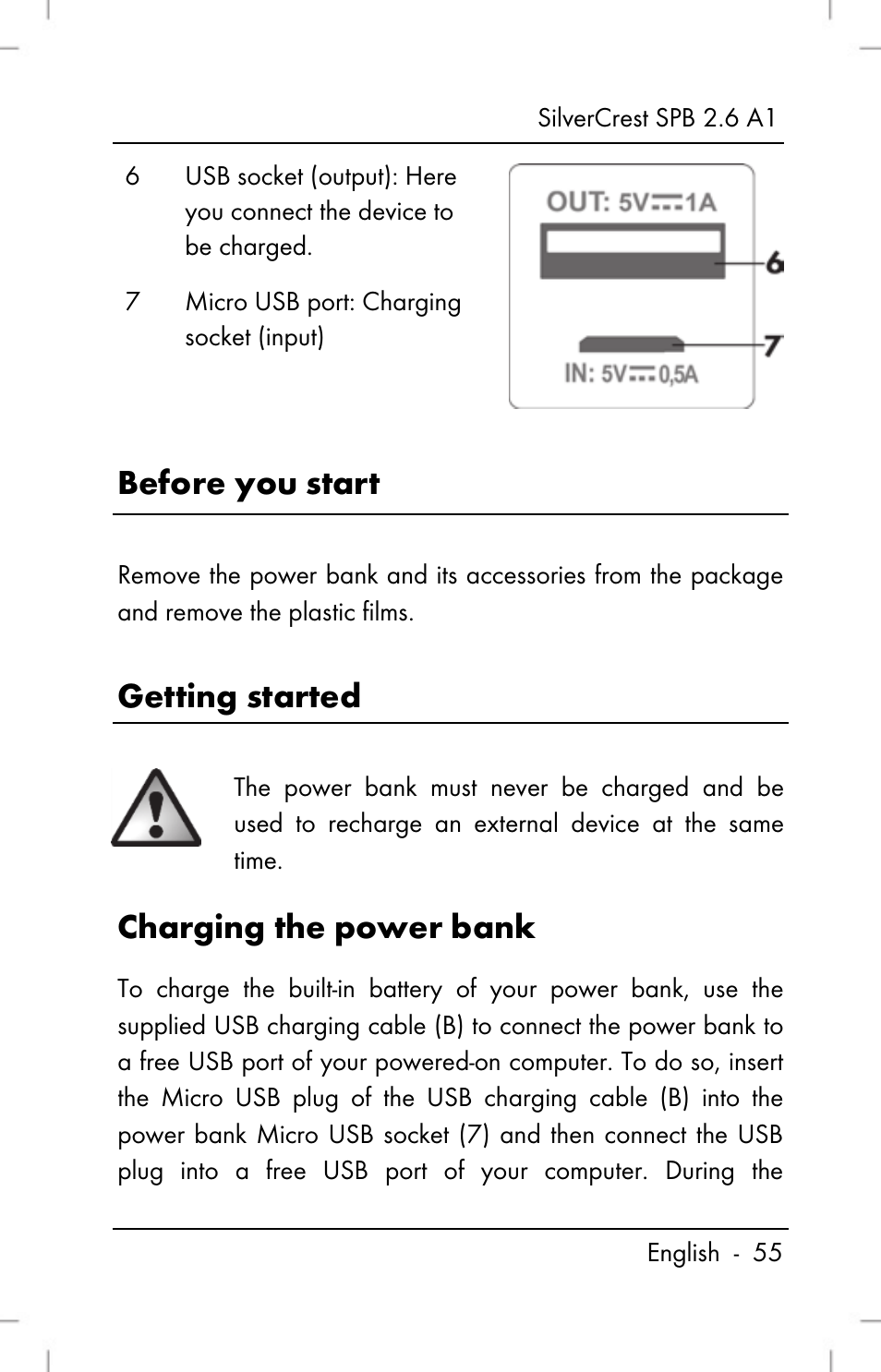 Before you start, Getting started, Charging the power bank | Silvercrest SPB 2.6 A1 User Manual | Page 57 / 64