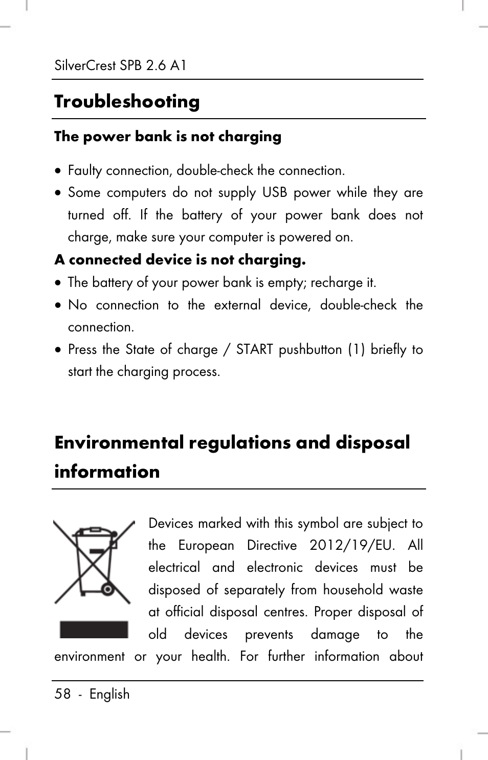 Troubleshooting, Environmental regulations and disposal information | Silvercrest SPB 2.6 A1 User Manual | Page 60 / 64