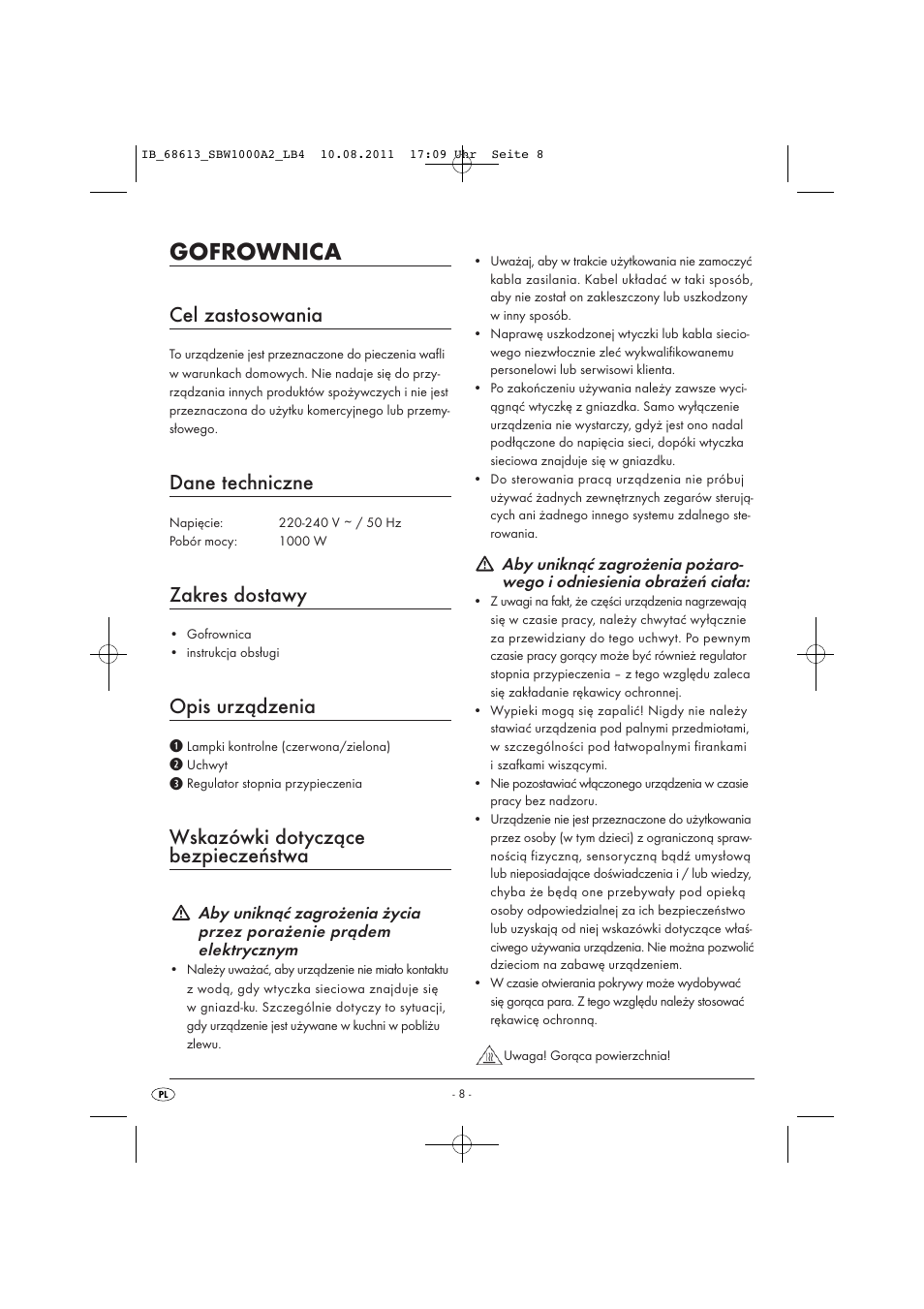 Gofrownica, Cel zastosowania, Dane techniczne | Zakres dostawy, Opis urządzenia, Wskazówki dotyczące bezpieczeństwa | Silvercrest SBW 1000 A2 User Manual | Page 10 / 44