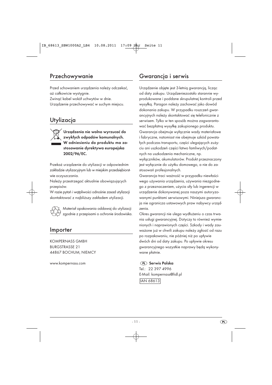 Przechowywanie, Utylizacja, Importer | Gwarancja i serwis | Silvercrest SBW 1000 A2 User Manual | Page 13 / 44
