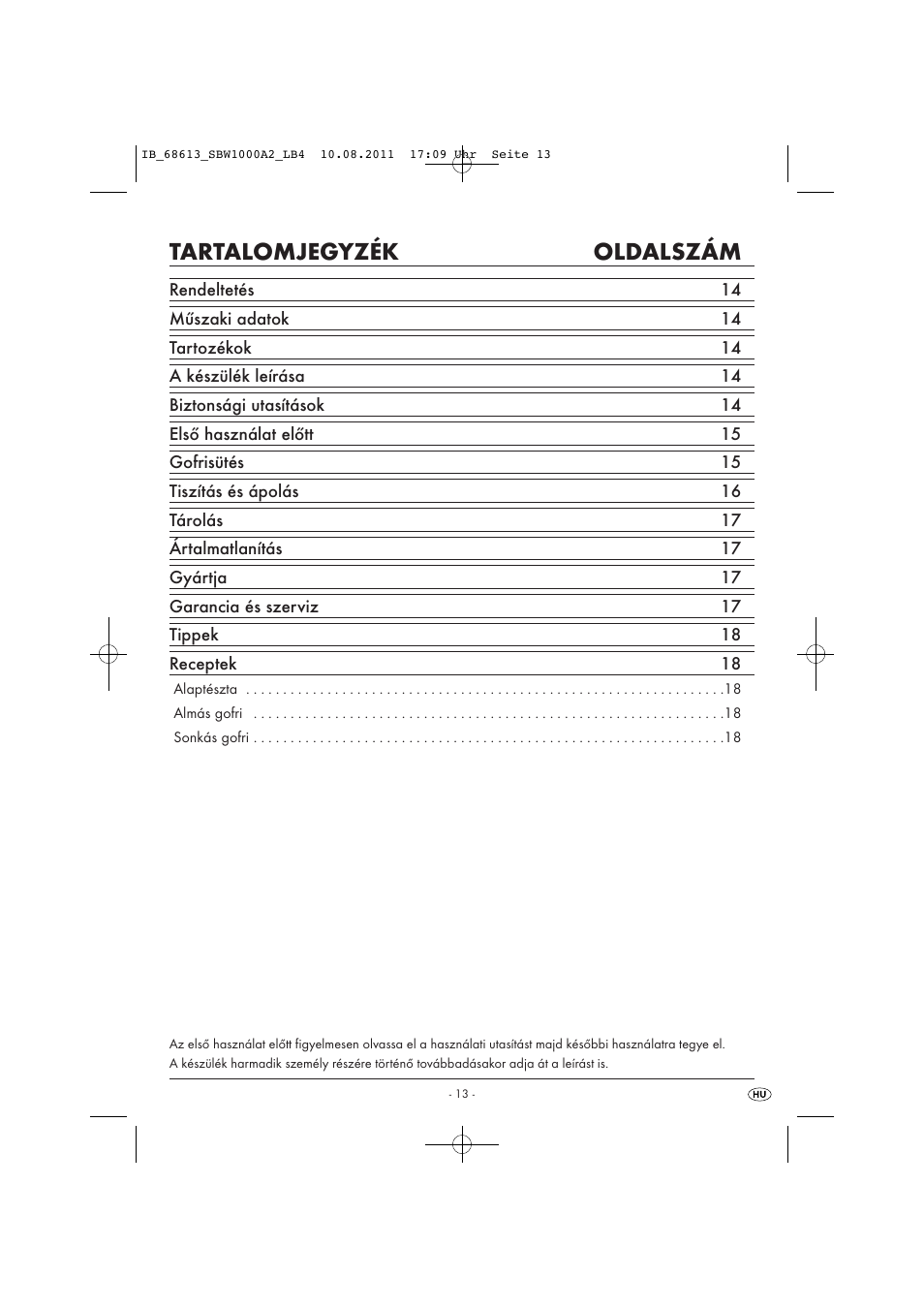 Tartalomjegyzék oldalszám | Silvercrest SBW 1000 A2 User Manual | Page 15 / 44