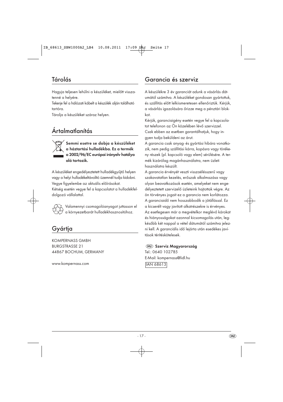 Tárolás, Ártalmatlanítás, Gyártja | Garancia és szerviz | Silvercrest SBW 1000 A2 User Manual | Page 19 / 44