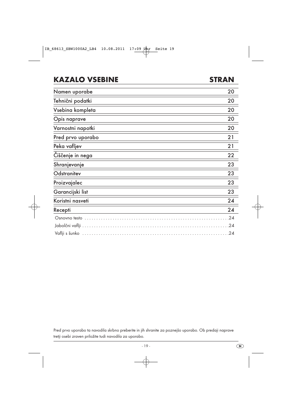 Kazalo vsebine stran | Silvercrest SBW 1000 A2 User Manual | Page 21 / 44