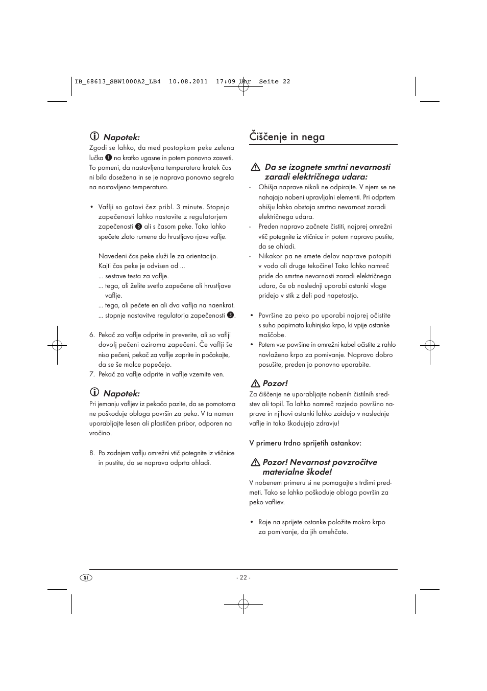 Čiščenje in nega, Napotek, Pozor | Pozor! nevarnost povzročitve materialne škode | Silvercrest SBW 1000 A2 User Manual | Page 24 / 44