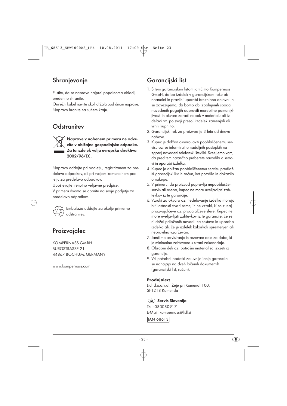 Shranjevanje, Odstranitev, Proizvajalec | Garancijski list | Silvercrest SBW 1000 A2 User Manual | Page 25 / 44