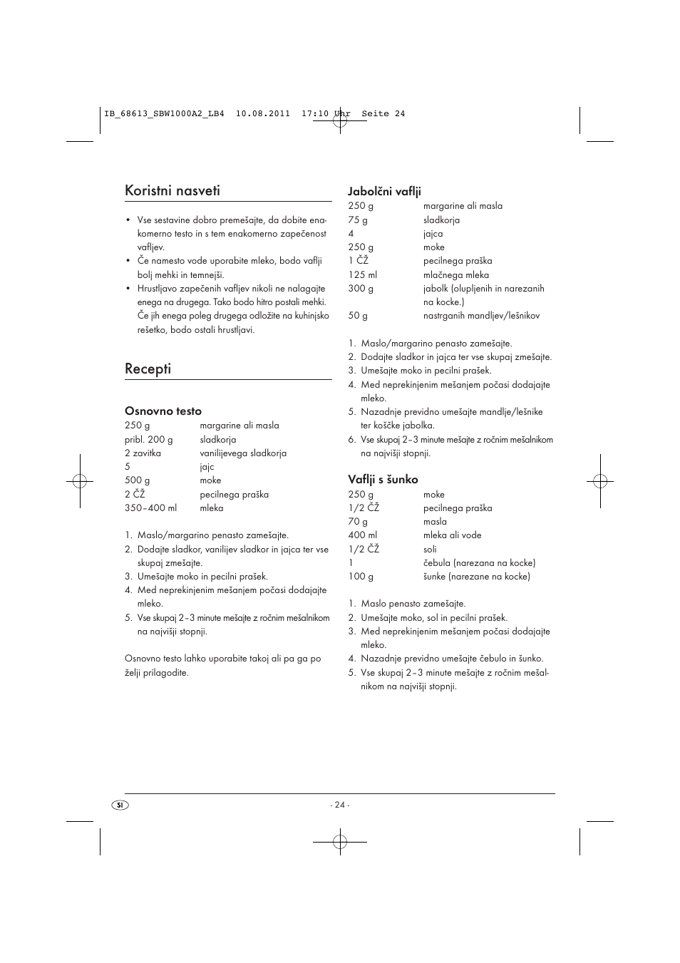 Koristni nasveti, Recepti, Osnovno testo | Jabolčni vaflji, Vaflji s šunko | Silvercrest SBW 1000 A2 User Manual | Page 26 / 44