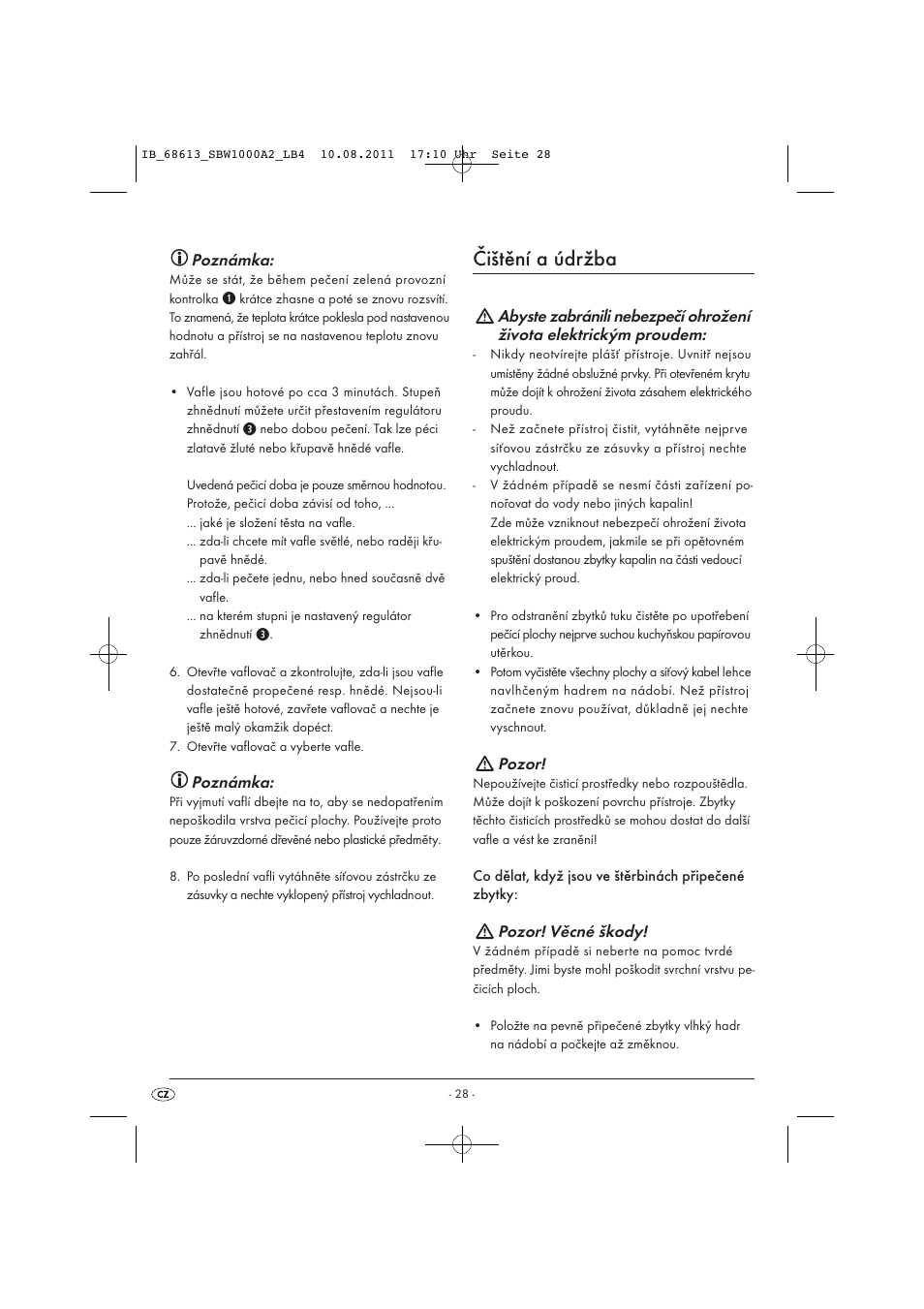 Čištění a údržba, Poznámka, Pozor | Pozor! věcné škody | Silvercrest SBW 1000 A2 User Manual | Page 30 / 44