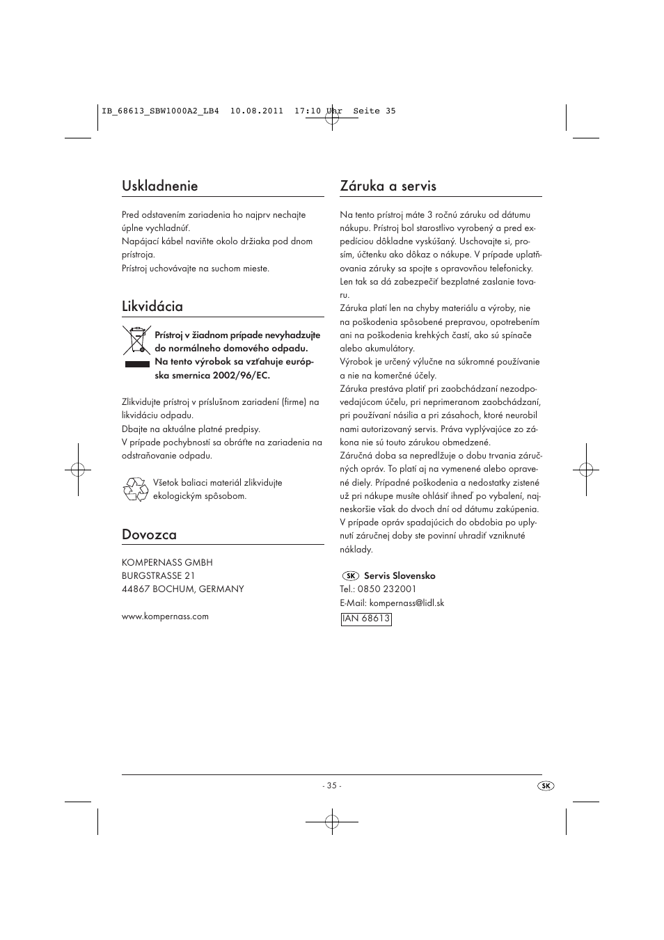 Uskladnenie, Likvidácia, Dovozca | Záruka a servis | Silvercrest SBW 1000 A2 User Manual | Page 37 / 44
