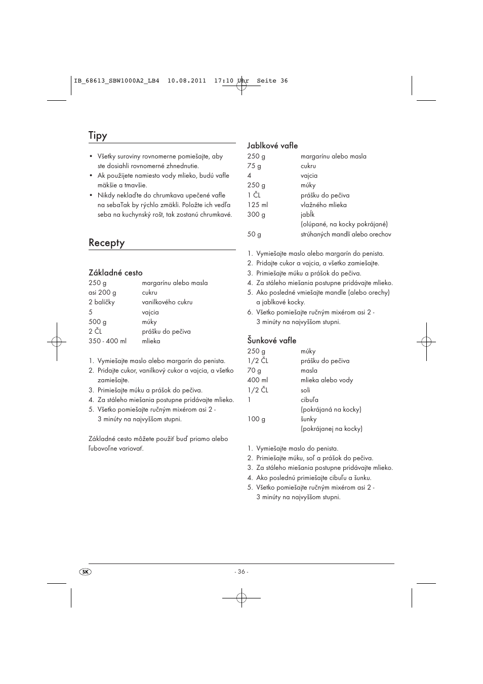Tipy, Recepty, Základné cesto | Jablkové vafle, Šunkové vafle | Silvercrest SBW 1000 A2 User Manual | Page 38 / 44