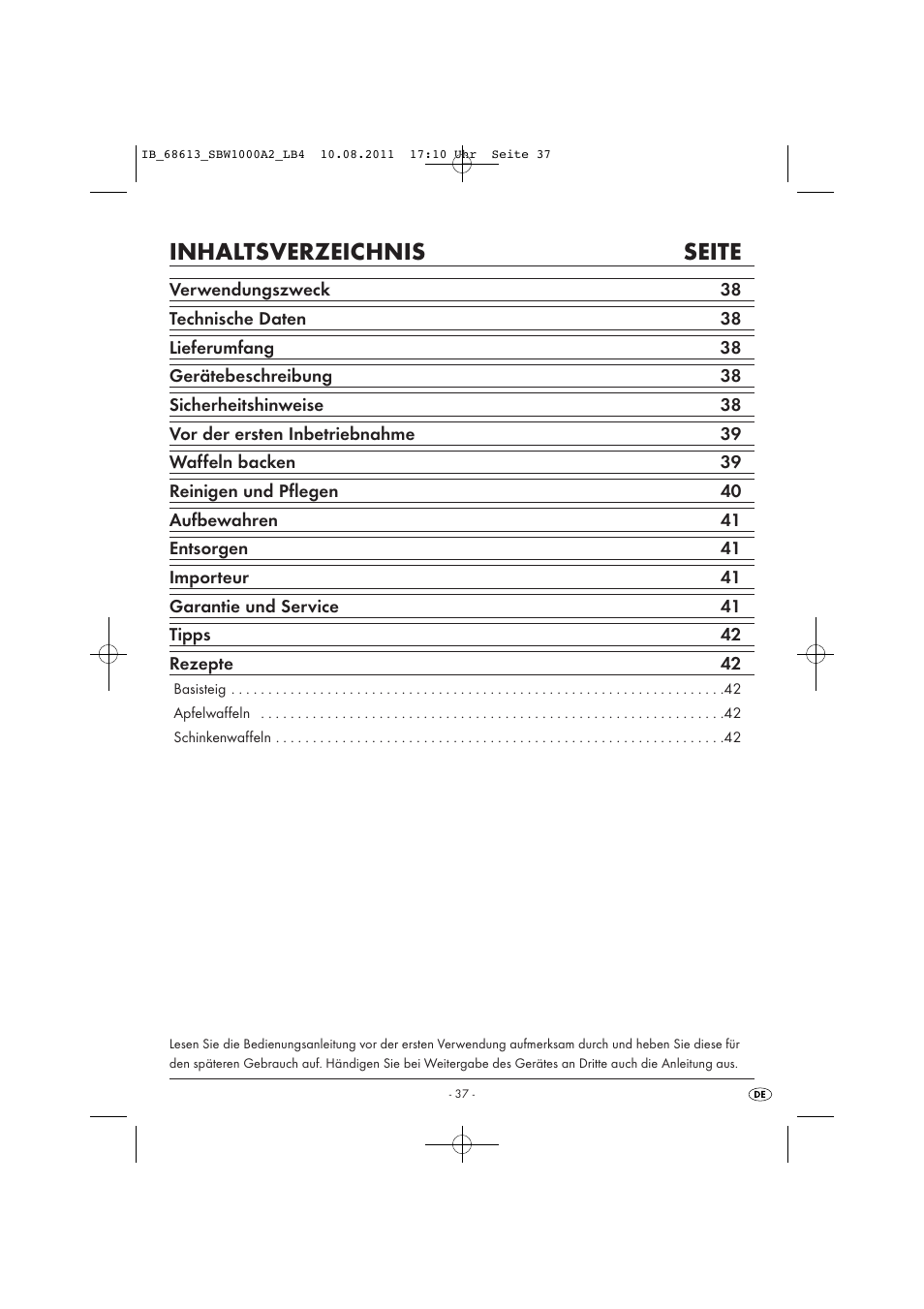 Inhaltsverzeichnis seite | Silvercrest SBW 1000 A2 User Manual | Page 39 / 44