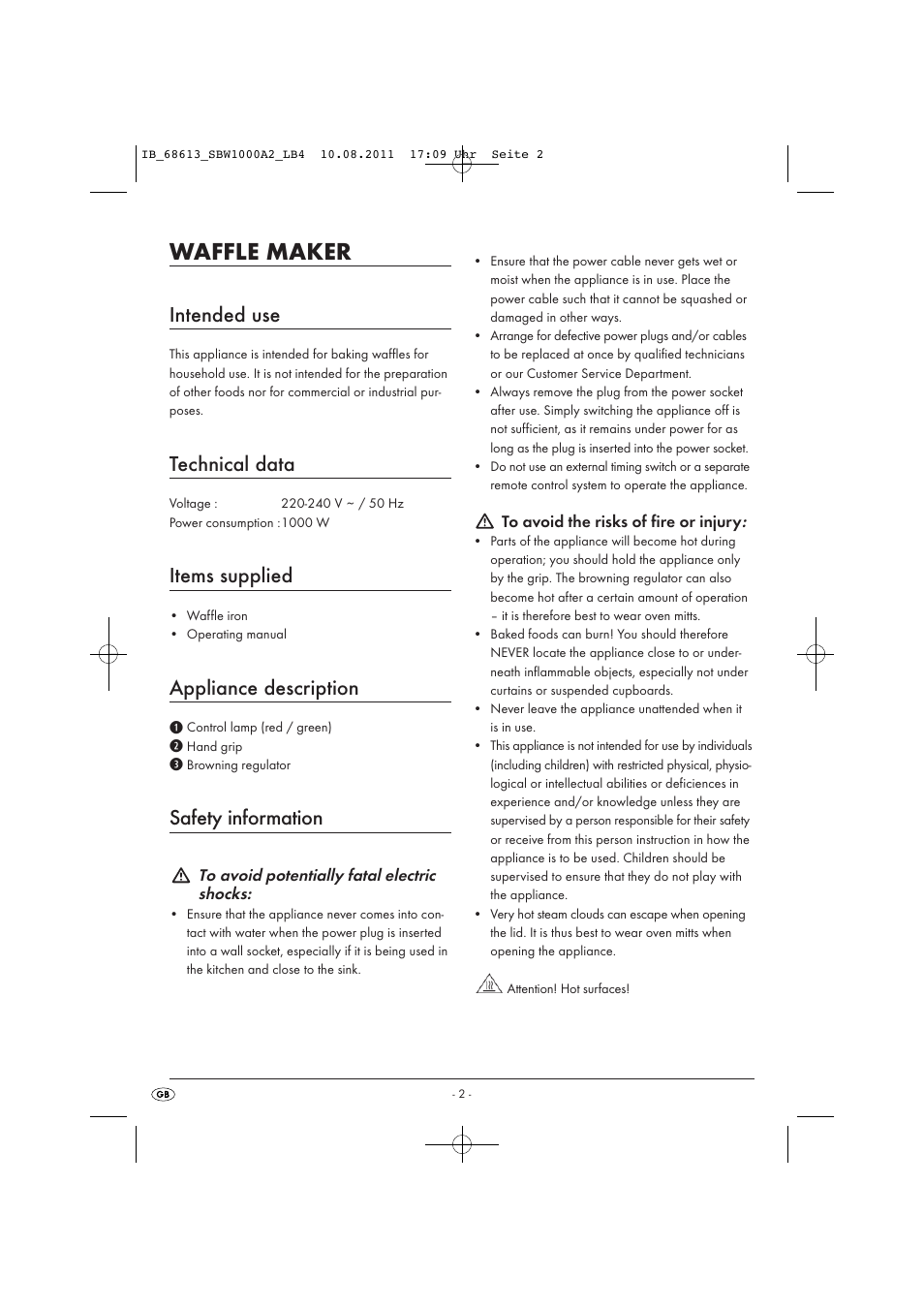 Waffle maker, Intended use, Technical data | Items supplied, Appliance description, Safety information | Silvercrest SBW 1000 A2 User Manual | Page 4 / 44