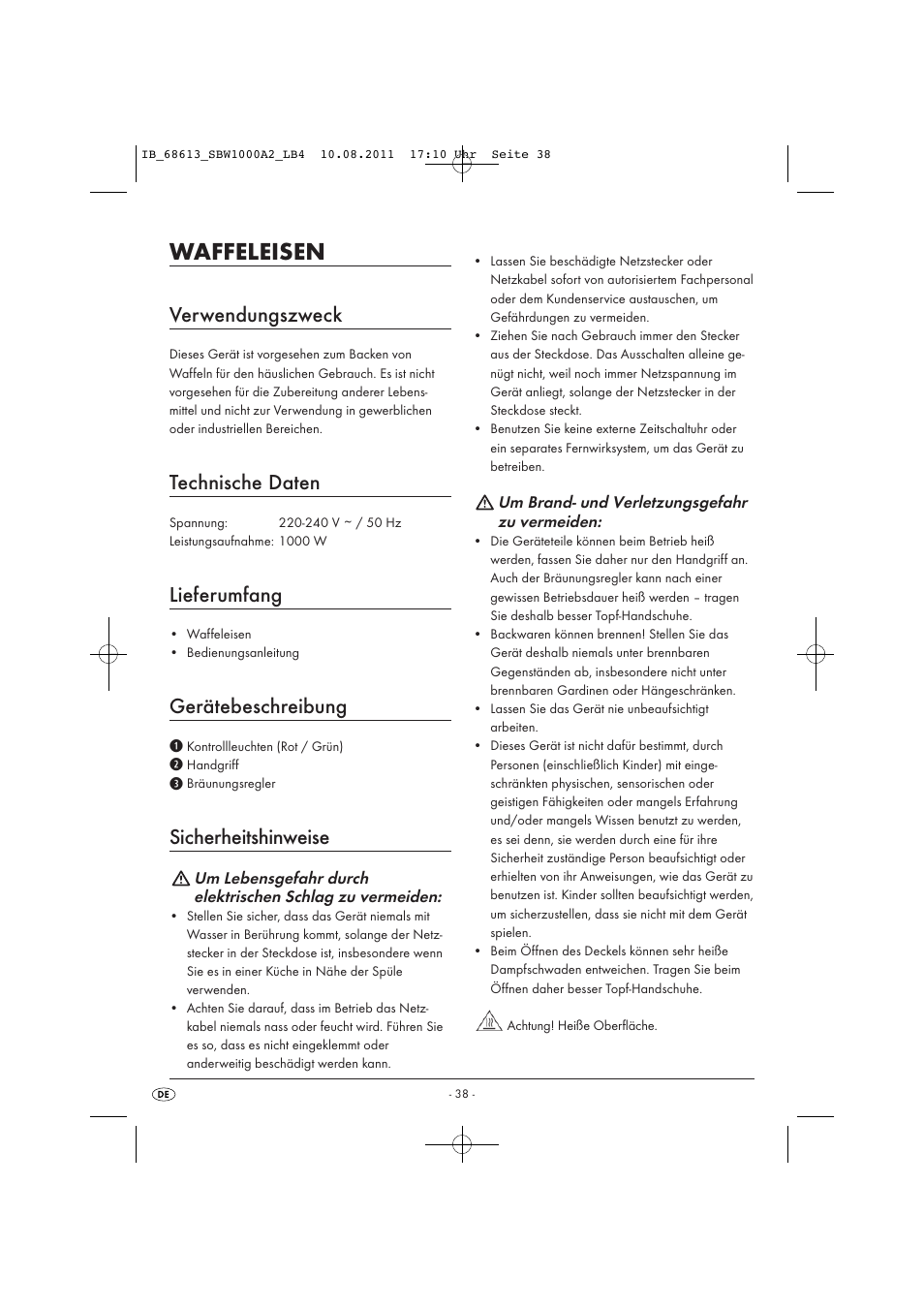 Waffeleisen, Verwendungszweck, Technische daten | Lieferumfang, Gerätebeschreibung, Sicherheitshinweise | Silvercrest SBW 1000 A2 User Manual | Page 40 / 44