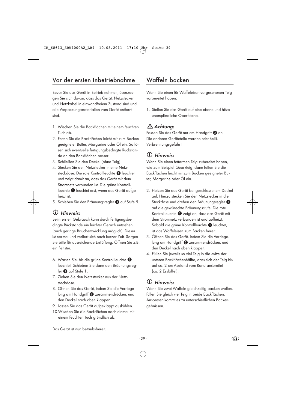 Vor der ersten inbetriebnahme, Waffeln backen, Hinweis | Achtung | Silvercrest SBW 1000 A2 User Manual | Page 41 / 44