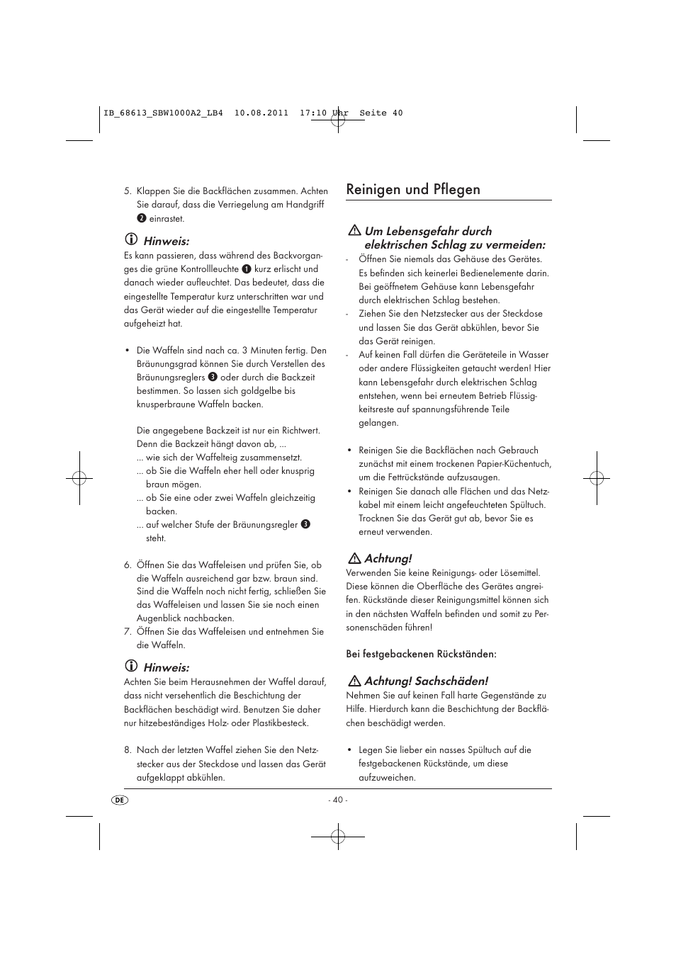 Reinigen und pflegen, Hinweis, Achtung | Achtung! sachschäden | Silvercrest SBW 1000 A2 User Manual | Page 42 / 44