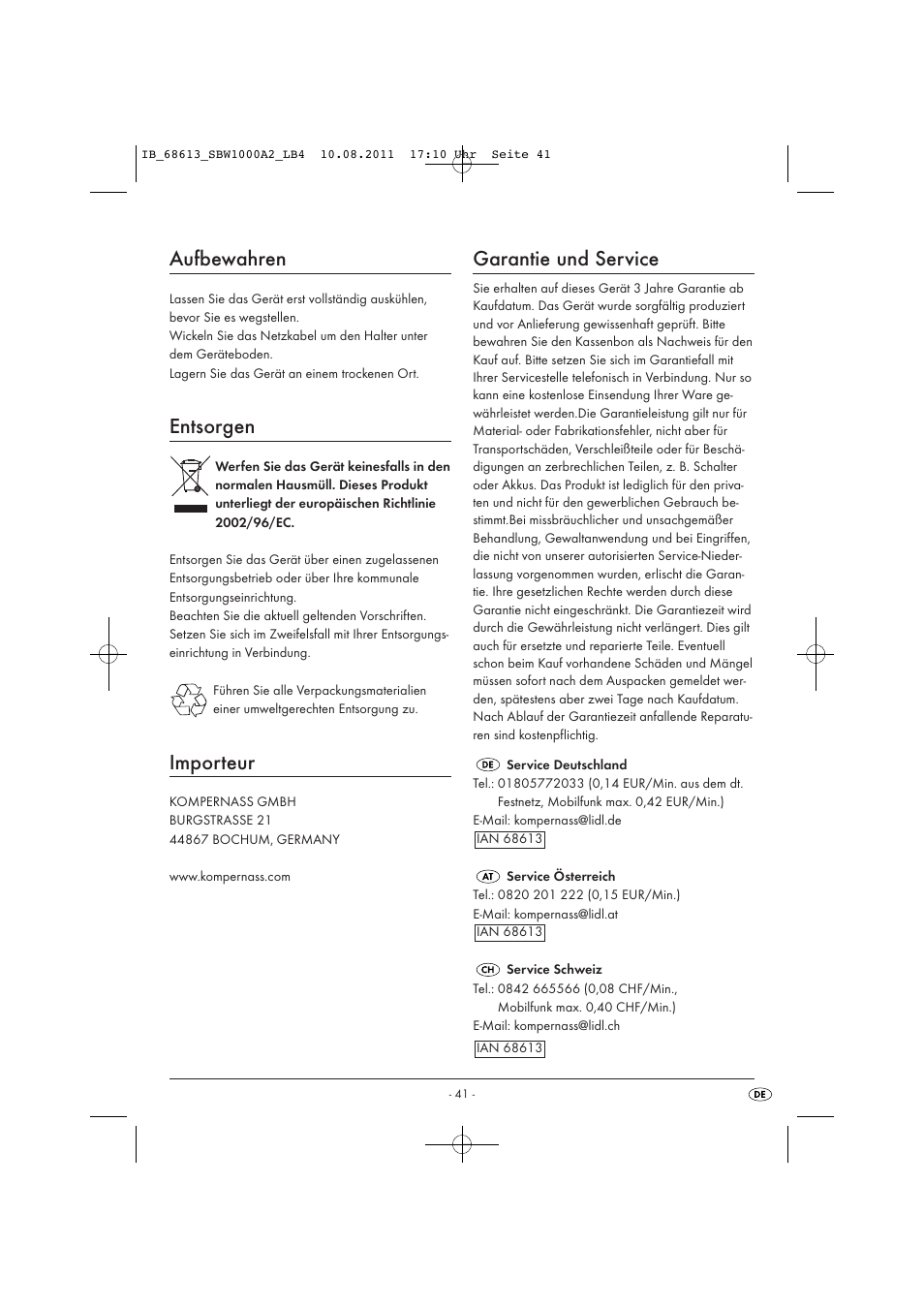 Aufbewahren, Entsorgen, Importeur | Garantie und service | Silvercrest SBW 1000 A2 User Manual | Page 43 / 44