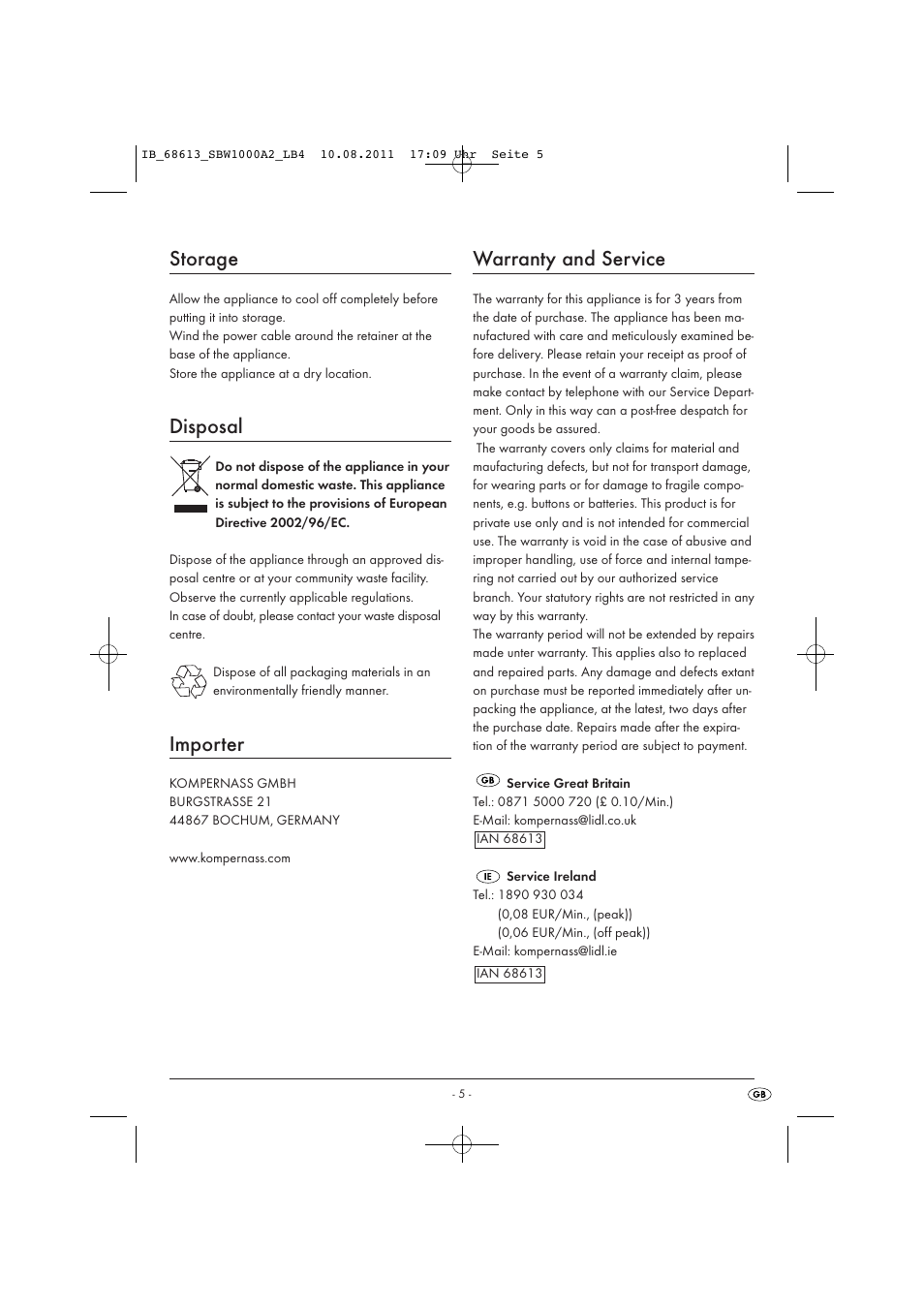 Storage, Disposal, Importer | Warranty and service | Silvercrest SBW 1000 A2 User Manual | Page 7 / 44