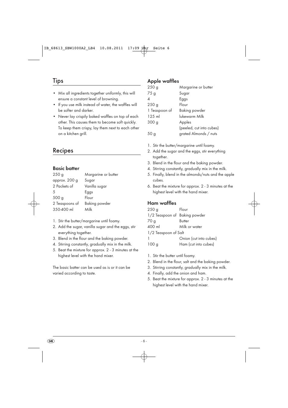 Tips, Recipes, Basic batter | Apple waffles, Ham waffles | Silvercrest SBW 1000 A2 User Manual | Page 8 / 44