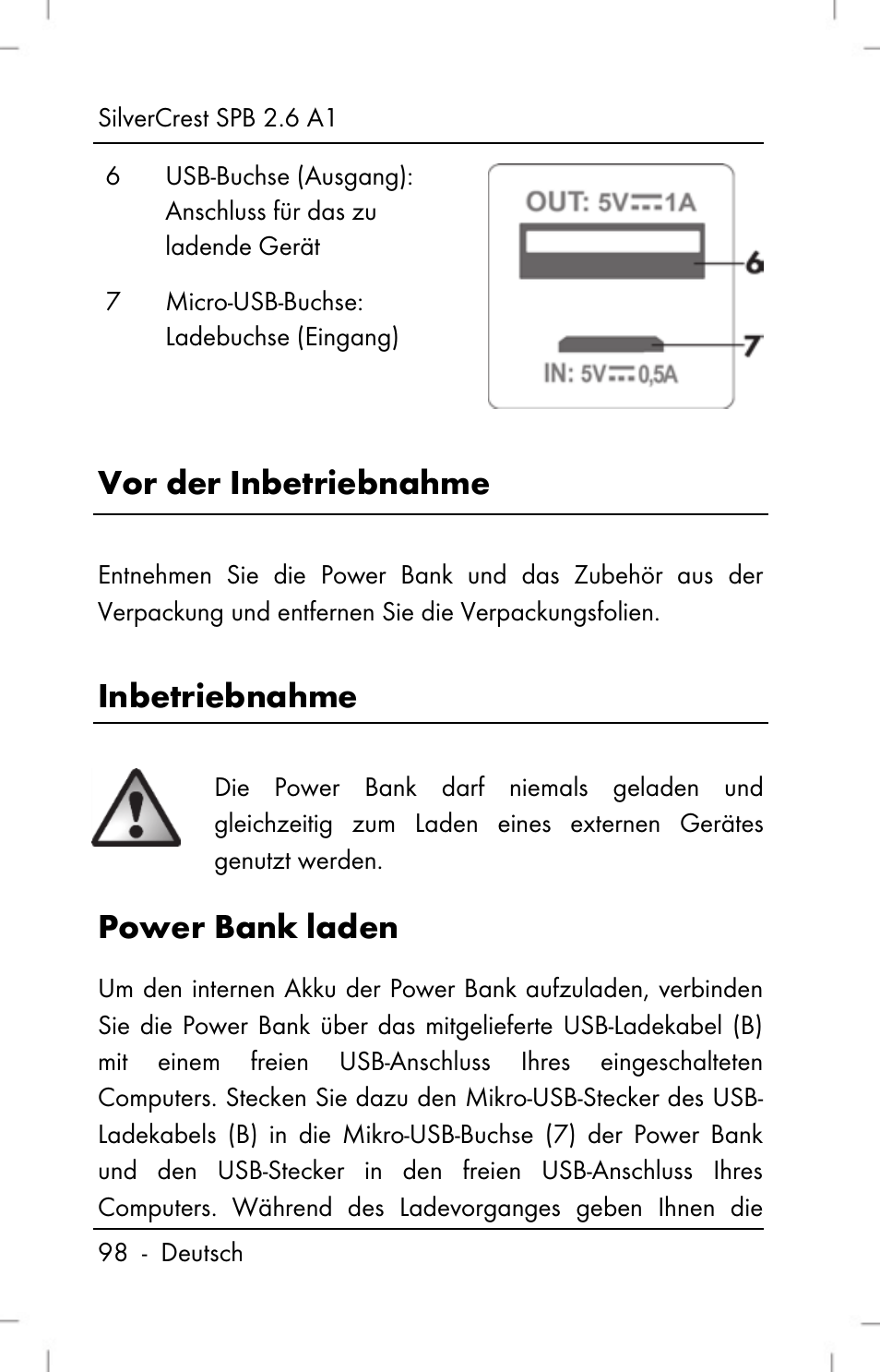 Vor der inbetriebnahme, Inbetriebnahme, Power bank laden | Silvercrest SPB 2.6 A1 User Manual | Page 100 / 108