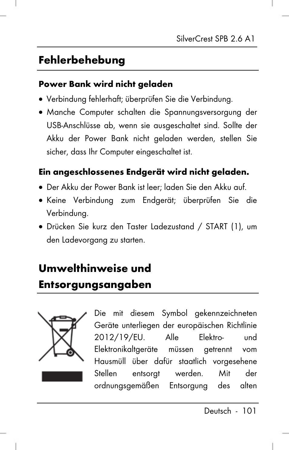 Fehlerbehebung, Umwelthinweise und entsorgungsangaben | Silvercrest SPB 2.6 A1 User Manual | Page 103 / 108