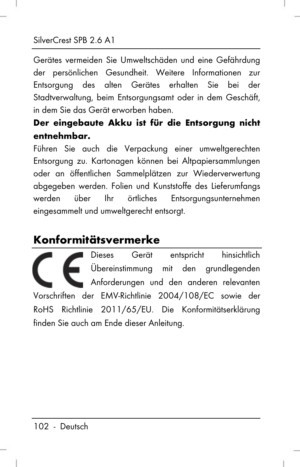 Konformitätsvermerke | Silvercrest SPB 2.6 A1 User Manual | Page 104 / 108