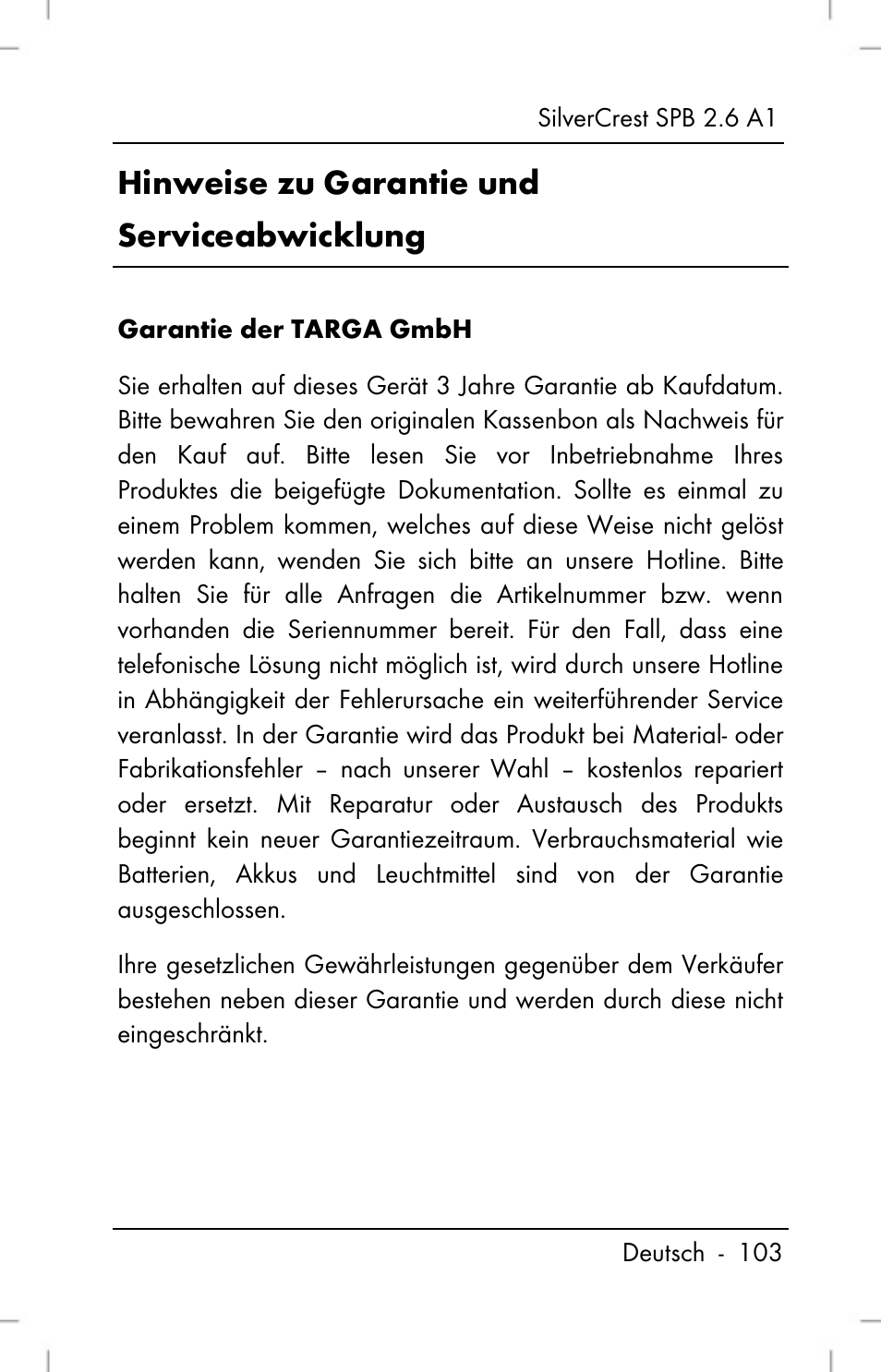 Hinweise zu garantie und serviceabwicklung | Silvercrest SPB 2.6 A1 User Manual | Page 105 / 108