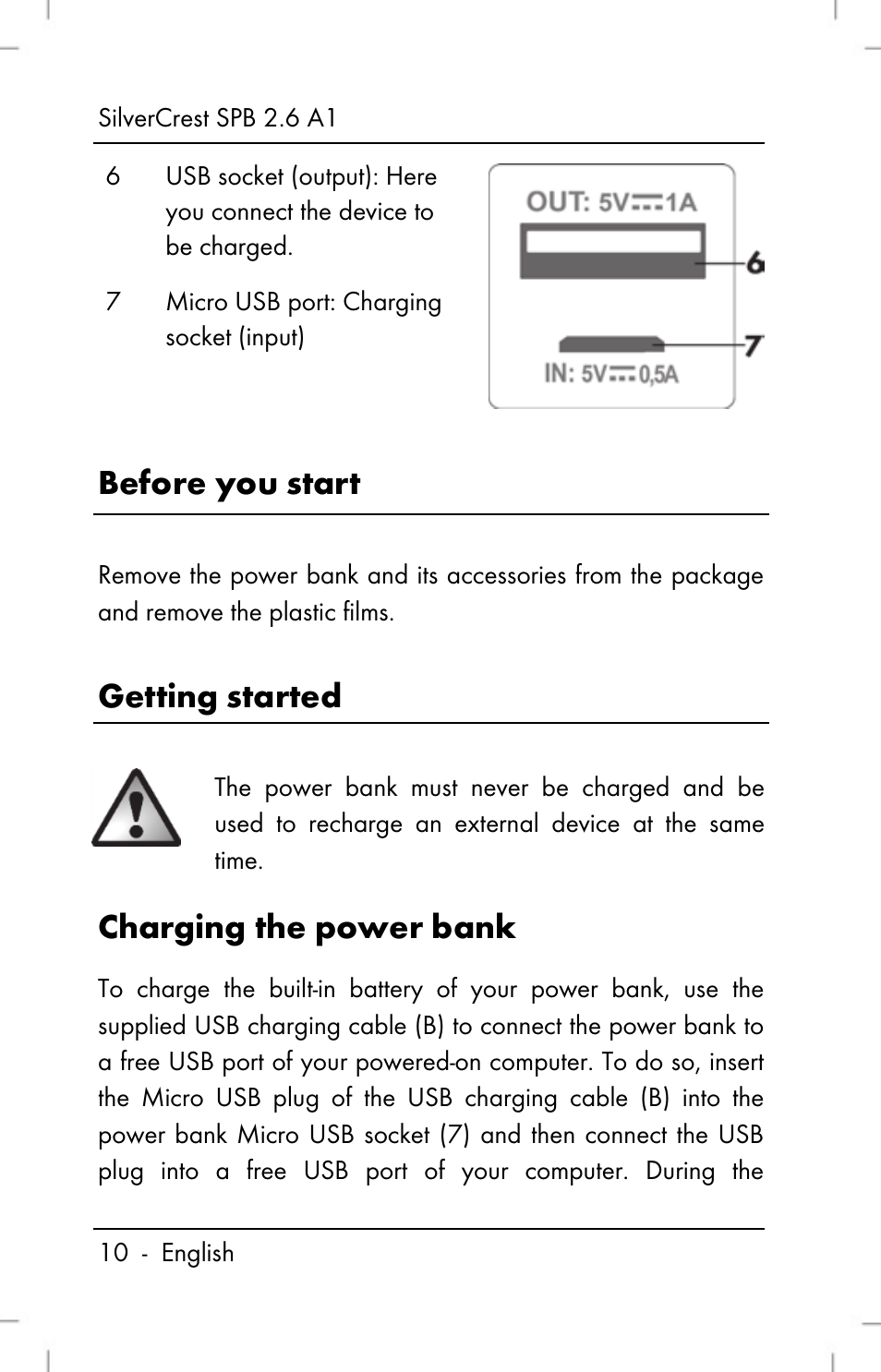 Before you start, Getting started, Charging the power bank | Silvercrest SPB 2.6 A1 User Manual | Page 12 / 108