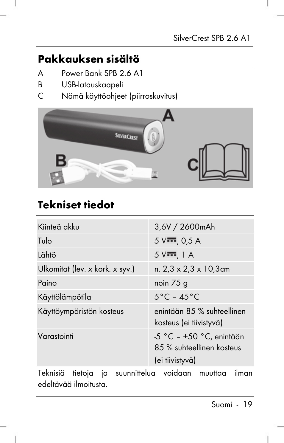 Pakkauksen sisältö, Tekniset tiedot | Silvercrest SPB 2.6 A1 User Manual | Page 21 / 108