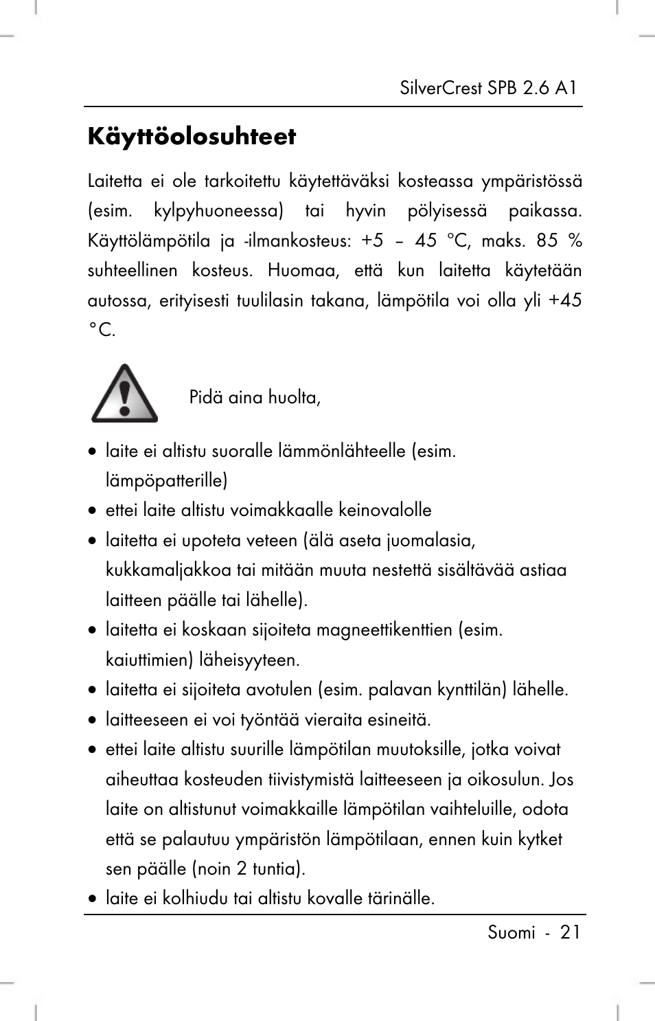 Käyttöolosuhteet | Silvercrest SPB 2.6 A1 User Manual | Page 23 / 108