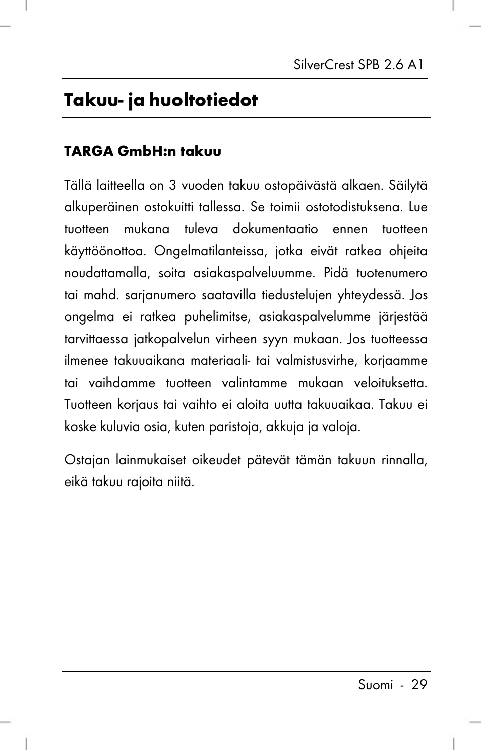 Takuu- ja huoltotiedot | Silvercrest SPB 2.6 A1 User Manual | Page 31 / 108