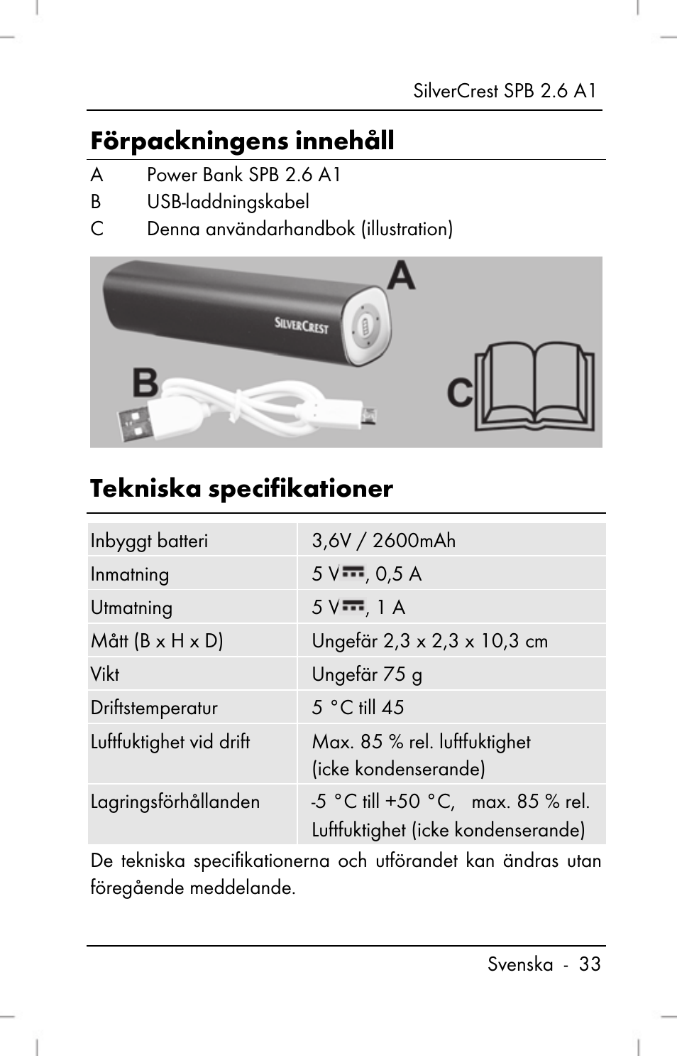 Förpackningens innehåll, Tekniska specifikationer | Silvercrest SPB 2.6 A1 User Manual | Page 35 / 108