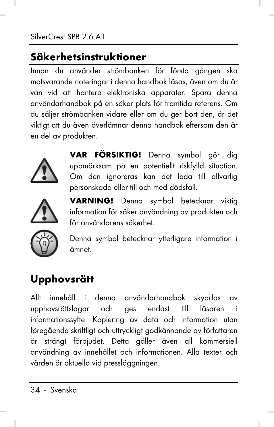 Säkerhetsinstruktioner, Upphovsrätt | Silvercrest SPB 2.6 A1 User Manual | Page 36 / 108