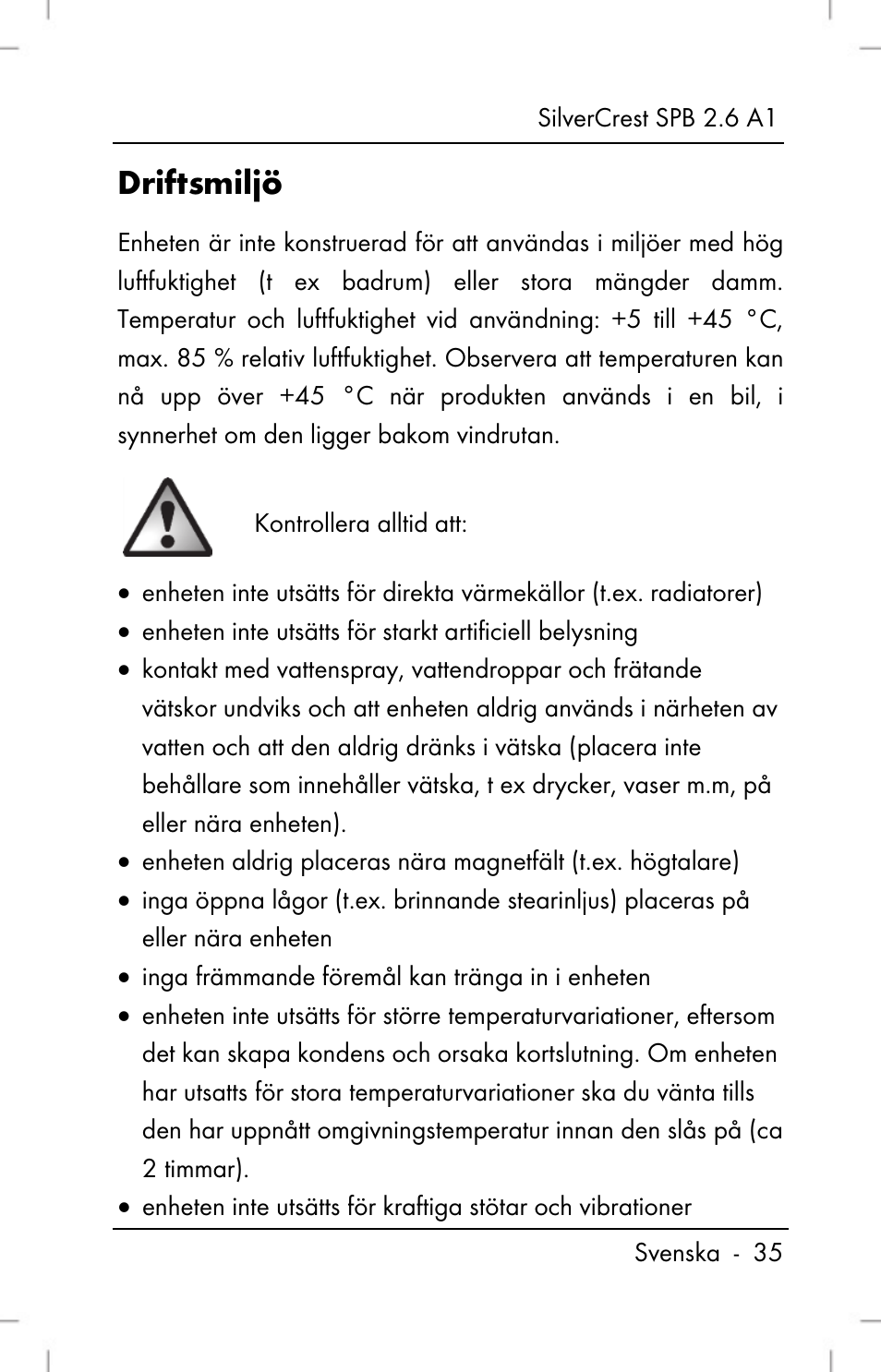 Driftsmiljö | Silvercrest SPB 2.6 A1 User Manual | Page 37 / 108