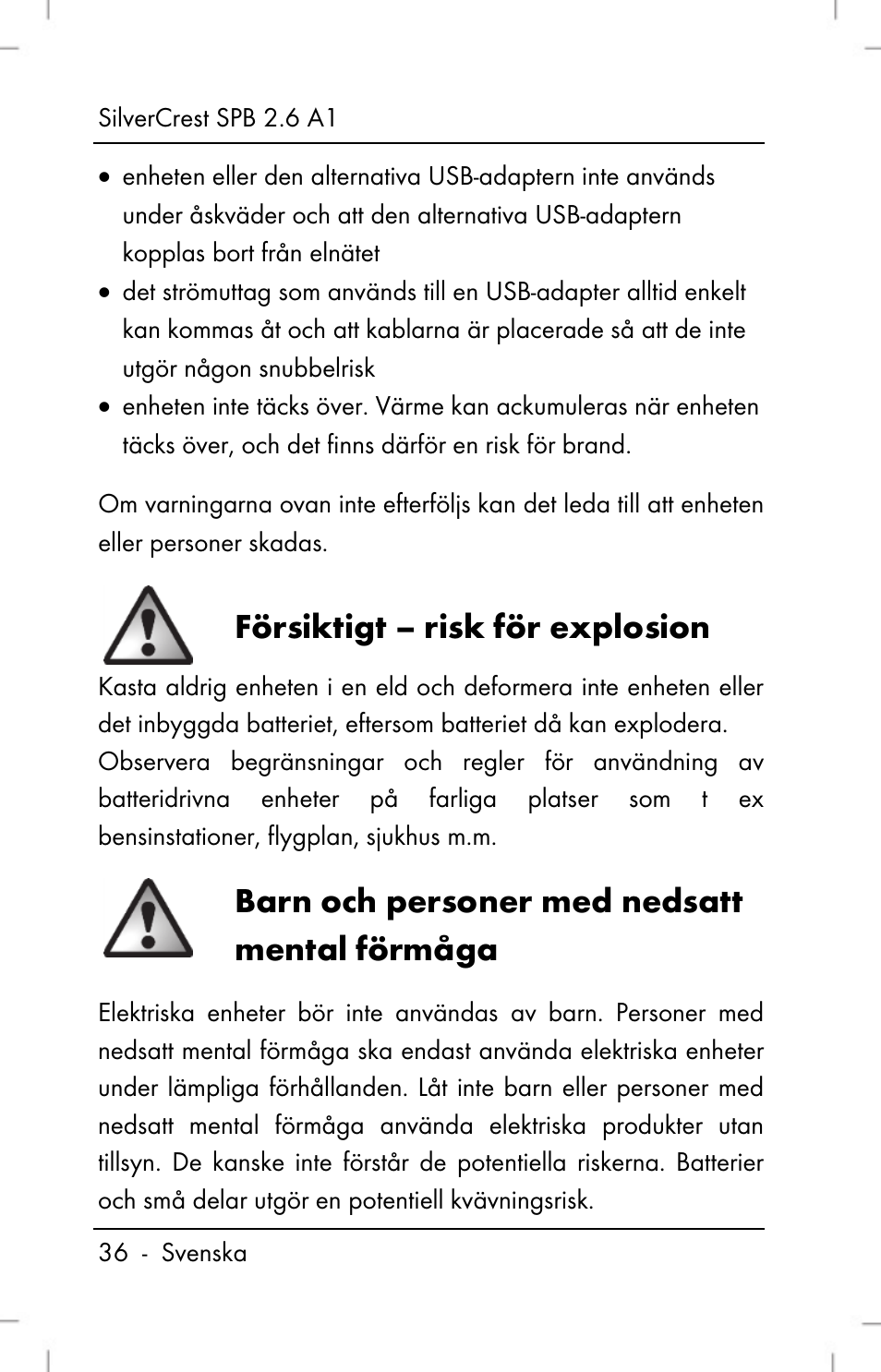 Försiktigt – risk för explosion, Barn och personer med nedsatt mental förmåga | Silvercrest SPB 2.6 A1 User Manual | Page 38 / 108