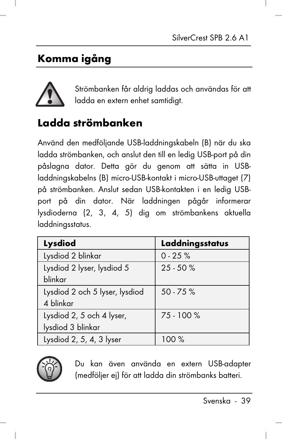 Komma igång, Ladda strömbanken | Silvercrest SPB 2.6 A1 User Manual | Page 41 / 108
