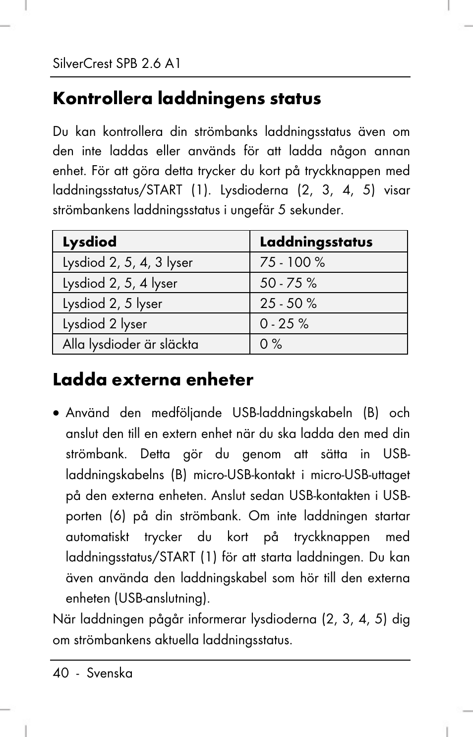 Kontrollera laddningens status, Ladda externa enheter | Silvercrest SPB 2.6 A1 User Manual | Page 42 / 108
