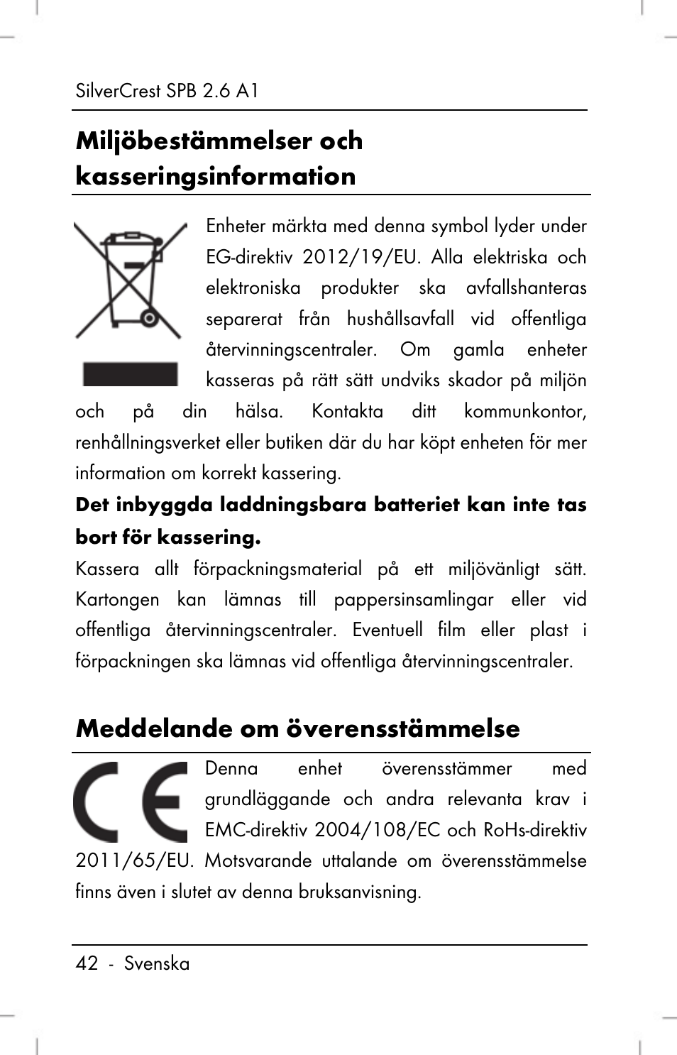 Miljöbestämmelser och kasseringsinformation, Meddelande om överensstämmelse | Silvercrest SPB 2.6 A1 User Manual | Page 44 / 108