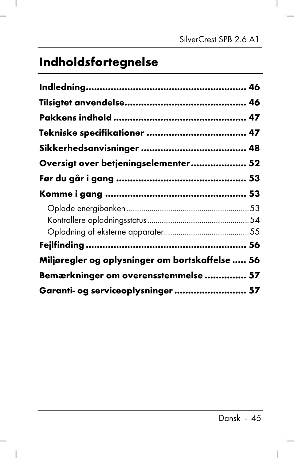 Indholdsfortegnelse | Silvercrest SPB 2.6 A1 User Manual | Page 47 / 108