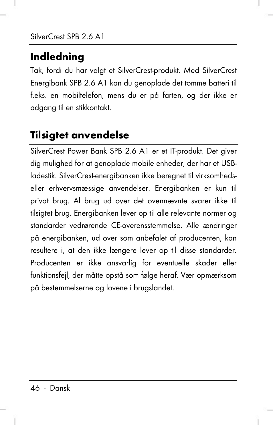 Indledning, Tilsigtet anvendelse | Silvercrest SPB 2.6 A1 User Manual | Page 48 / 108