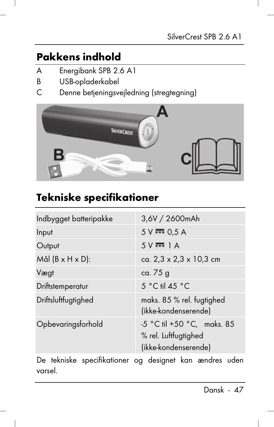 Pakkens indhold, Tekniske specifikationer | Silvercrest SPB 2.6 A1 User Manual | Page 49 / 108