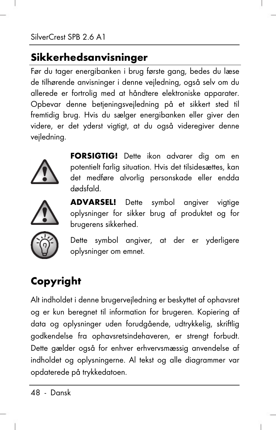 Sikkerhedsanvisninger, Copyright | Silvercrest SPB 2.6 A1 User Manual | Page 50 / 108