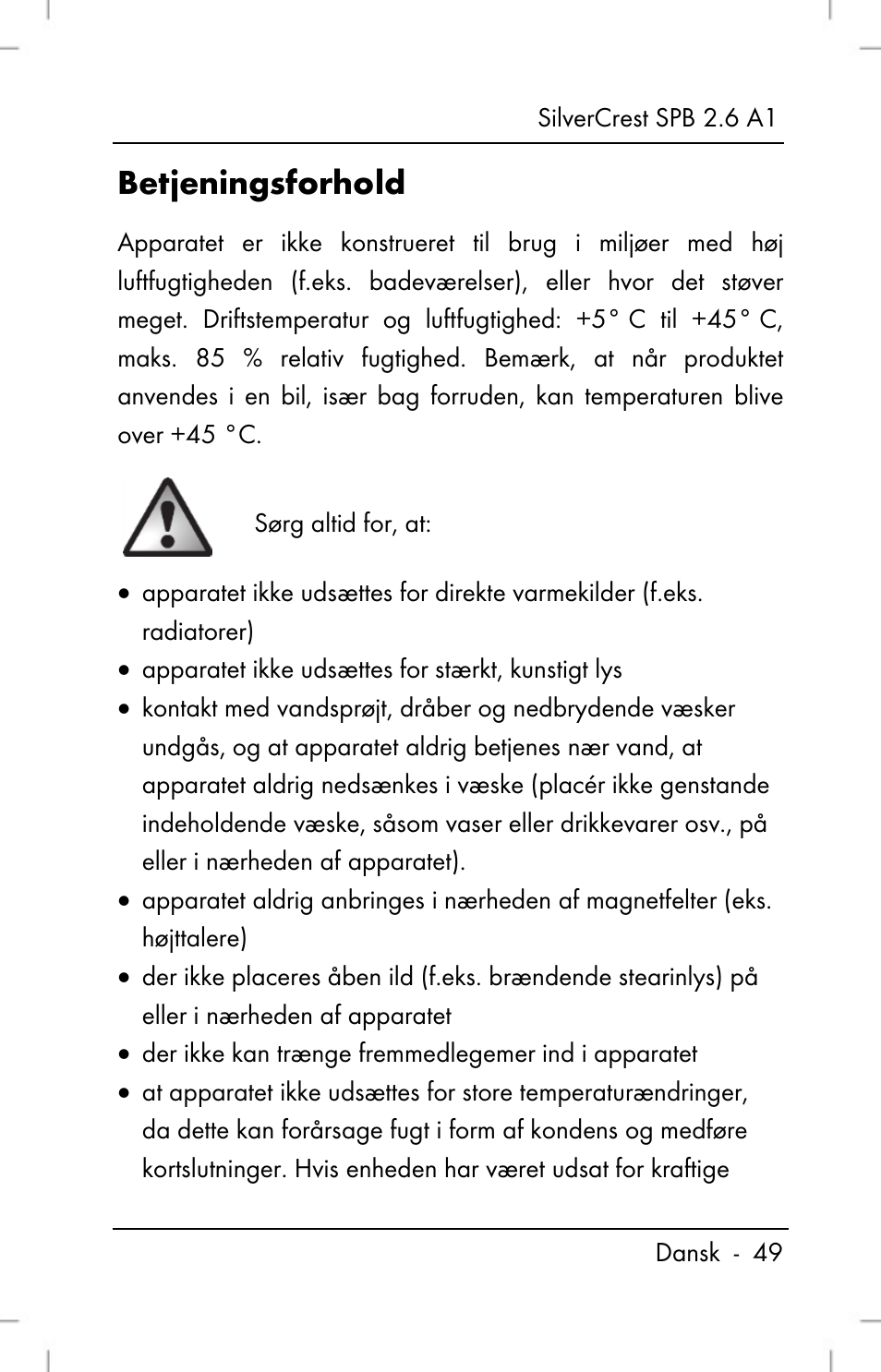 Betjeningsforhold | Silvercrest SPB 2.6 A1 User Manual | Page 51 / 108