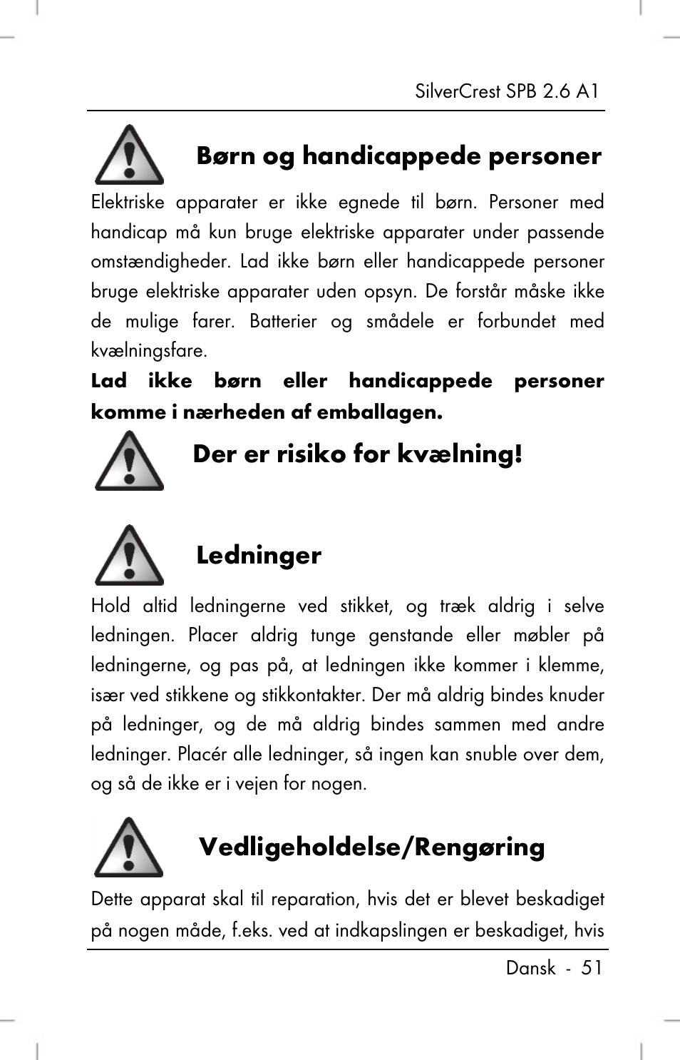 Børn og handicappede personer, Der er risiko for kvælning, Ledninger | Vedligeholdelse/rengøring | Silvercrest SPB 2.6 A1 User Manual | Page 53 / 108