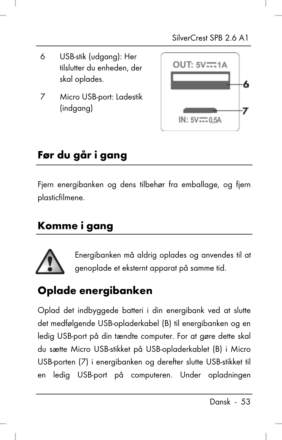 Før du går i gang, Komme i gang, Oplade energibanken | Silvercrest SPB 2.6 A1 User Manual | Page 55 / 108