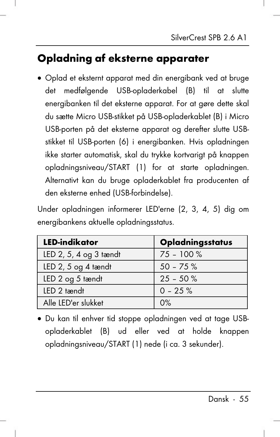 Opladning af eksterne apparater | Silvercrest SPB 2.6 A1 User Manual | Page 57 / 108