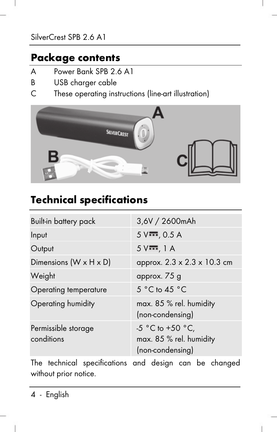 Package contents, Technical specifications | Silvercrest SPB 2.6 A1 User Manual | Page 6 / 108